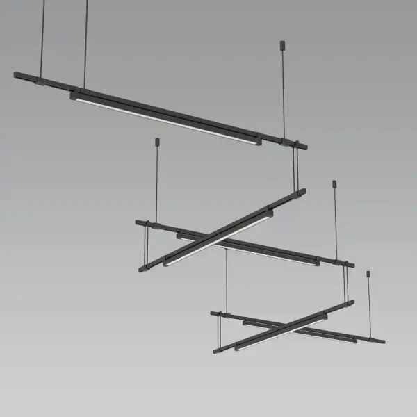 The Suspenders system offers architectural-grade linear LED illumination with a distinctive zig-zag configuration. Its modular design allows for flexible installation with bidirectional lighting capability.