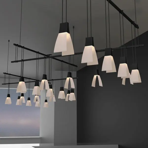 The Suspenders 48" Zig Zag system creates a stunning visual statement with its featherlight wing profiles arranged in an architectural zig-zag pattern. The gossamer-like surfaces diffuse light beautifully while revealing LED sources in profile.