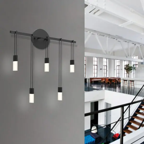 The Suspenders 18" Staggered Bar Sconce combines contemporary design with functional lighting. Five etched chiclet luminaires provide soft, diffused illumination perfect for task and ambient lighting in modern spaces.