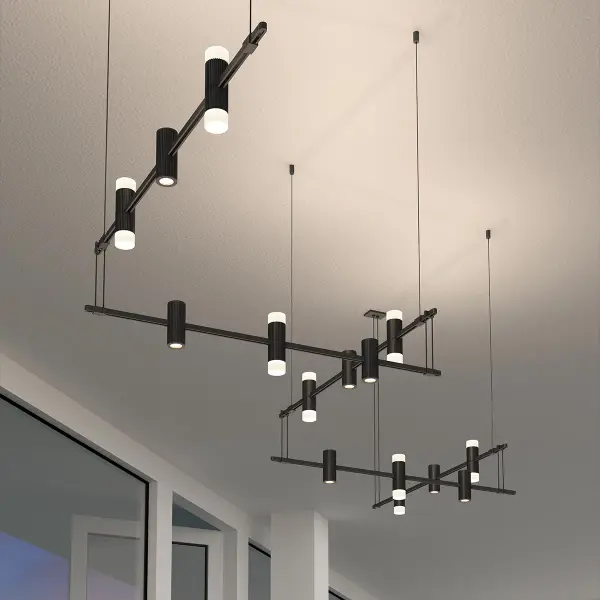 This innovative 36-inch bar system combines directional flood-lensed cylinders with glass drum diffusers for dual-purpose illumination. Perfect for task and ambient lighting needs in modern spaces.