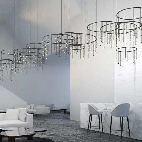 The Suspenders Offset Ring System creates stunning horizontal matrix configurations with virtually limitless design possibilities. Its delicate-scaled ladder lights and adjustable rings deliver architectural impact across expansive ceiling planes.