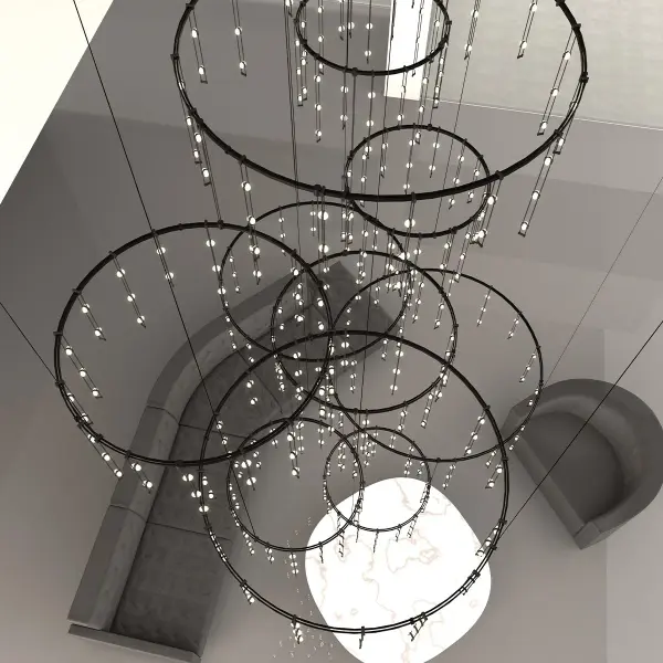 This architectural lighting system creates a stunning vertical volume with offset suspended rings adorned with sparkling LED-illuminated acrylic crystals. Perfect for making a bold statement in high-ceiling spaces.