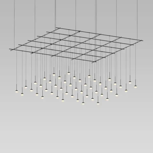 This oversized linear chandelier makes a bold architectural statement with 49 integrated LED lights suspended in a minimalist satin black framework. At over 8 feet wide, it's designed for grand residential and commercial spaces.
