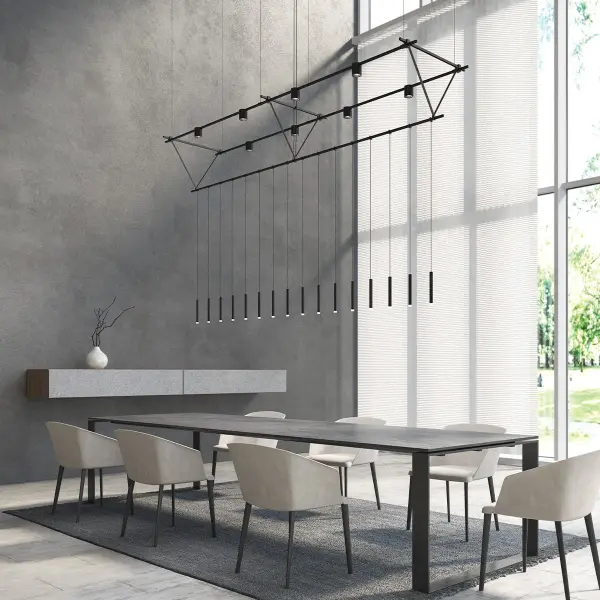 A striking 96-inch triangular truss system combining delicate Monoline Thin Cylinder pendants with Power Precise Direct Mount Cylinders. This architectural fixture creates dramatic linear illumination perfect for large spaces.