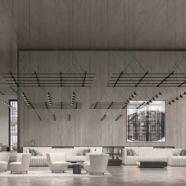 The Suspenders Gridscape creates a dramatic architectural statement with its truss-suspended grid system and precisely aligned downlight cones. This oversized installation piece transforms large spaces with rhythm and visual impact.