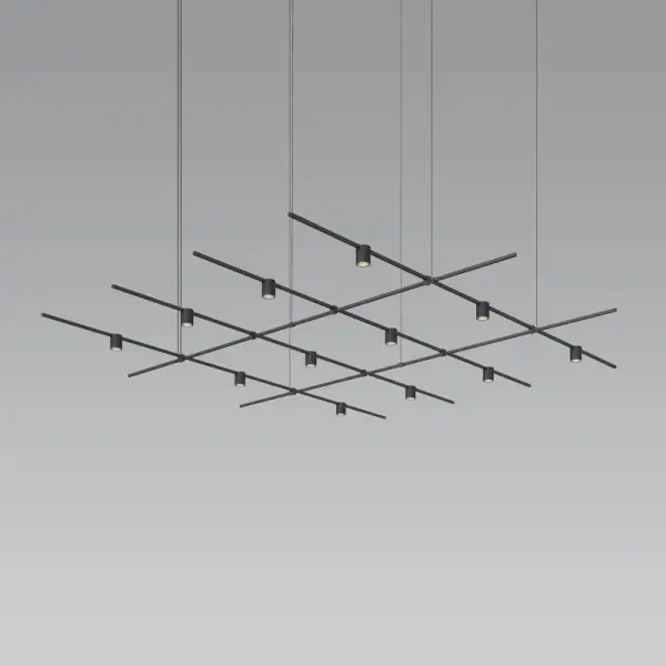 This expansive 96" x 96" grid system creates a striking architectural statement with twelve precision-mounted cylinders. The intersecting power bars form an open geometric framework that embodies Mies van der Rohe's "less is more" philosophy.