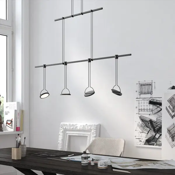 The Suspenders 48" features a sophisticated two-tier configuration with fully adjustable disk luminaires using advanced light guide panel technology for directional, glare-free lighting in modern spaces.