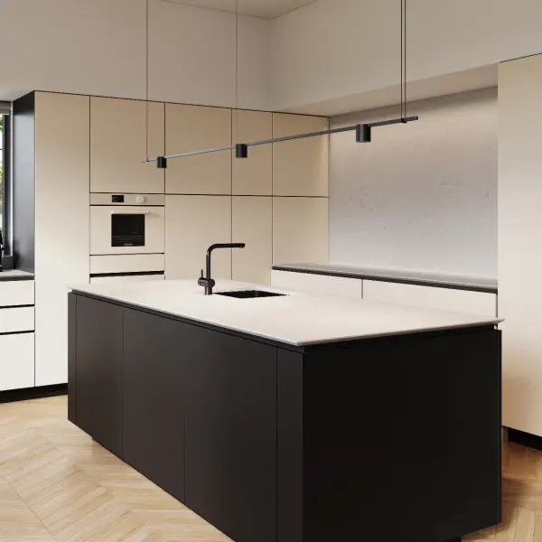 A sophisticated 96-inch linear pendant system featuring three direct-mount cylinder luminaires. The geometric design delivers focused task lighting with architectural presence, perfect for large dining tables and commercial spaces.