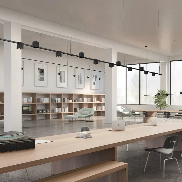 A sophisticated 145.5-inch linear lighting system featuring Power Precise Direct Mount Cubes in alternating up/down orientations. Modern geometric design with high CRI and flexible mounting options for contemporary spaces.