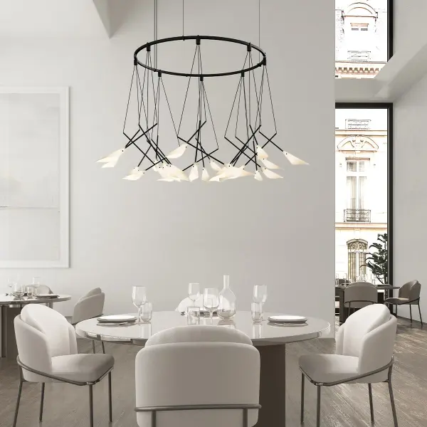 This stunning 54" diameter pendant system features 18 luminous calla lily-shaped shades arranged in an organic branching pattern. The sculptural design creates a dramatic focal point while providing warm, diffused illumination.