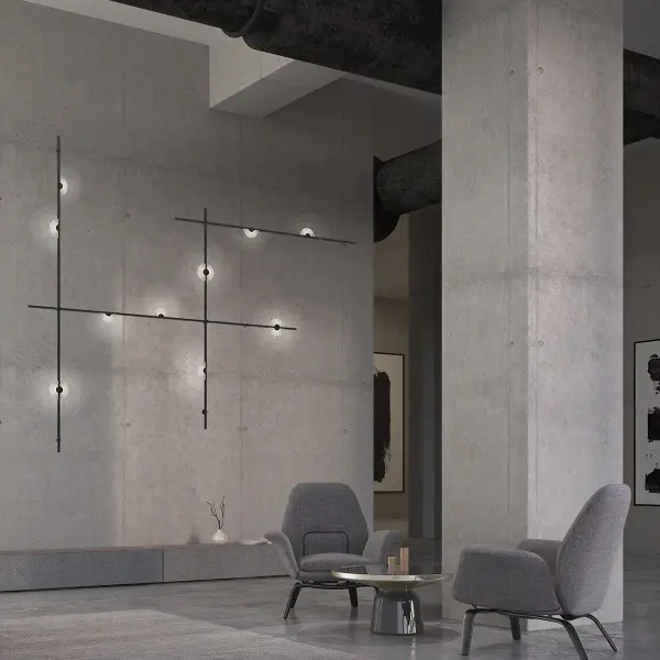 This oversized modular lighting system transforms large walls into artistic focal points with intersecting power bars and sculptural Mezzaluna luminaires. Perfect for grand spaces requiring dramatic impact and architectural presence.