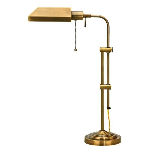This traditional pharmacy-style table lamp combines timeless design with practical functionality. Features adjustable height from 22" to 26", a rotating head with 90-degree movement, and durable metal construction in antique brass finish.
