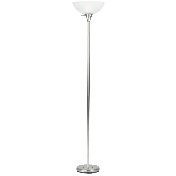 This 70-inch brushed steel torchiere combines classic uplight design with modern functionality. The 3-way switch provides flexible lighting control, while the frosted glass shade diffuses light beautifully for ambient illumination.