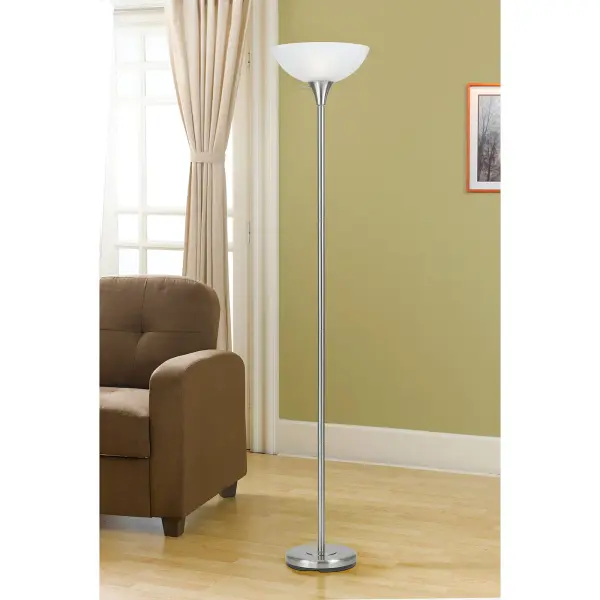 This 70-inch brushed steel torchiere combines classic uplight design with modern functionality. The 3-way switch provides flexible lighting control, while the frosted glass shade diffuses light beautifully for ambient illumination. - alternate view