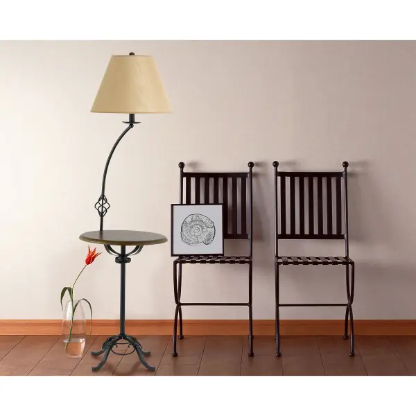 This 61.5-inch iron floor lamp combines practical lighting with a convenient 17.5-inch wooden tray table. The durable iron construction and cherry finish offer traditional styling, while the 3-way switch provides flexible lighting control. - alternate view