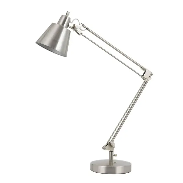 The Udbina desk lamp combines functionality with contemporary design, featuring adjustable arms that fold up and down, a swiveling head for precise light direction, and durable metal construction in brushed steel finish.