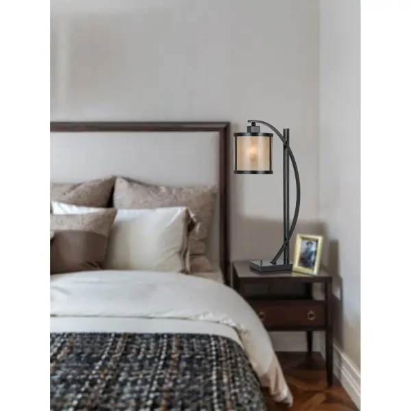 This 26-inch table lamp combines durable metal construction with a natural white mica shade for warm, diffused lighting. The compact footprint and uno-style shade make it ideal for smaller spaces seeking organic texture and rustic appeal. - alternate view