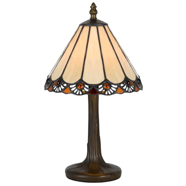 This charming accent lamp features authentic Tiffany-style stained glass with 36 individual glass pieces, creating warm ambient lighting. The durable zinc cast base in antique brass finish adds vintage elegance to any space.