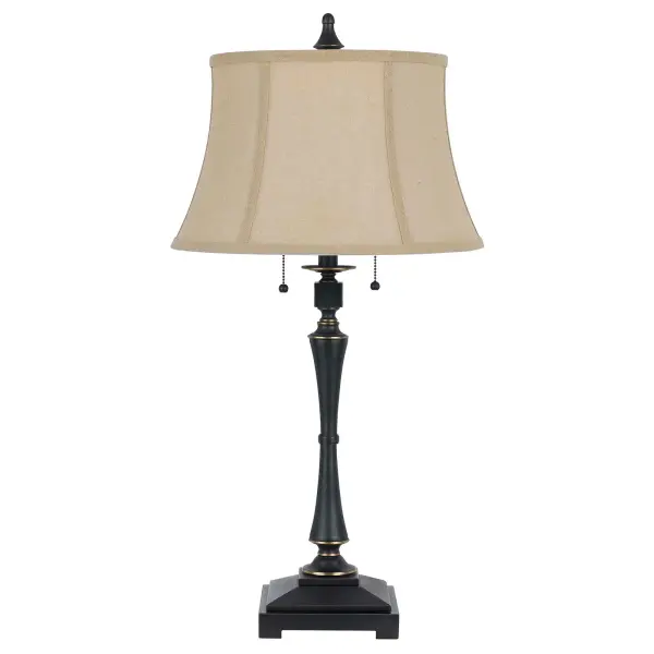 The Madison table lamp combines traditional styling with practical dual-bulb functionality. Standing 31" tall with an oil rubbed bronze finish, it features durable metal construction and a fabric shade for warm ambient lighting.