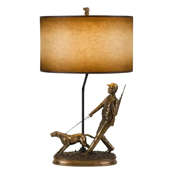 This substantial 30.5" table lamp combines durable resin construction with a cast bronze finish and hand-painted dual-tone shade. The three-way mechanism provides flexible lighting control for any setting.
