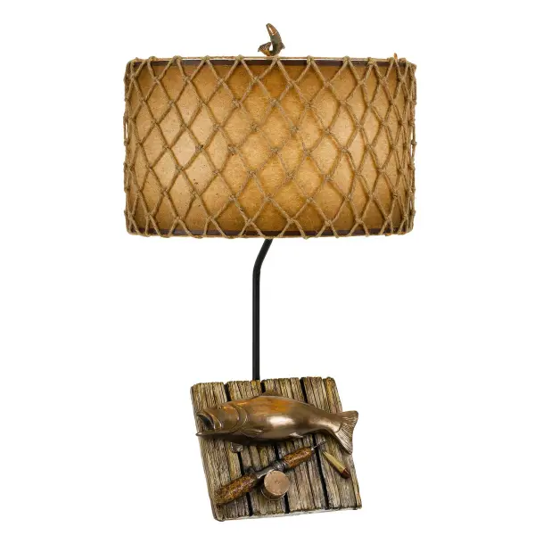 This 31" tall resin table lamp brings outdoor adventure indoors with its fishing theme and cast bronze finish. Features a unique dual-tone hand painted roped shade and three-way switch for lighting control.