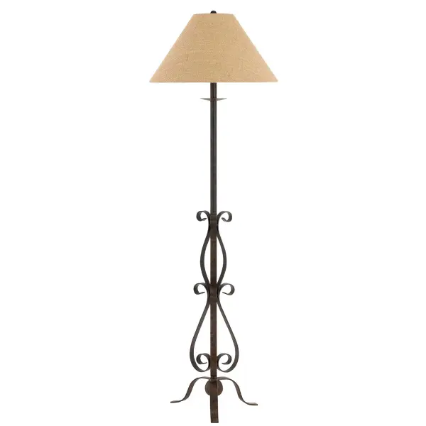 The Ekalaka floor lamp combines durable wrought iron construction with a warm rust finish and natural burlap shade. Its 61-inch height and scroll base design bring rustic elegance to any space, while the 3-way switch offers versatile lighting control.