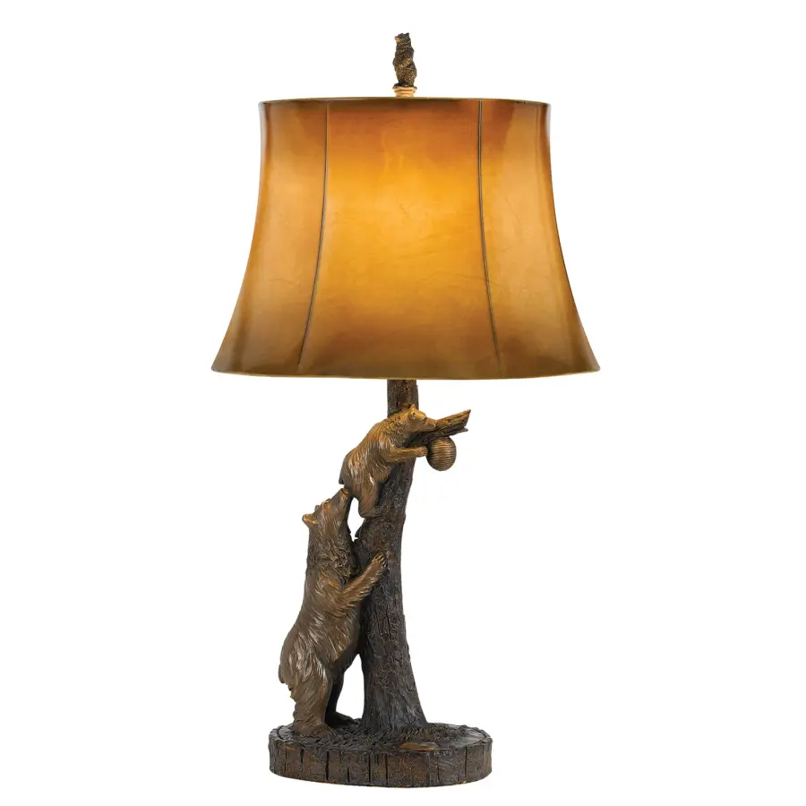 Bear & Cub Resin Table Lamp with Leatherette Shade - Image 1
