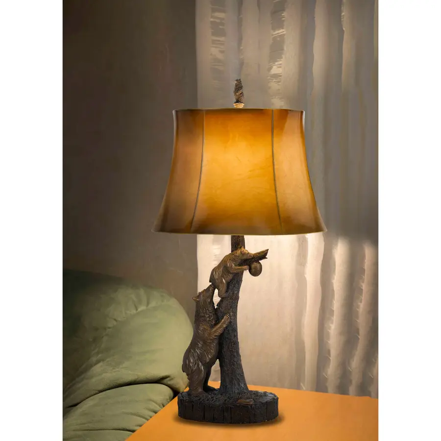 Bear & Cub Resin Table Lamp with Leatherette Shade - Image 2