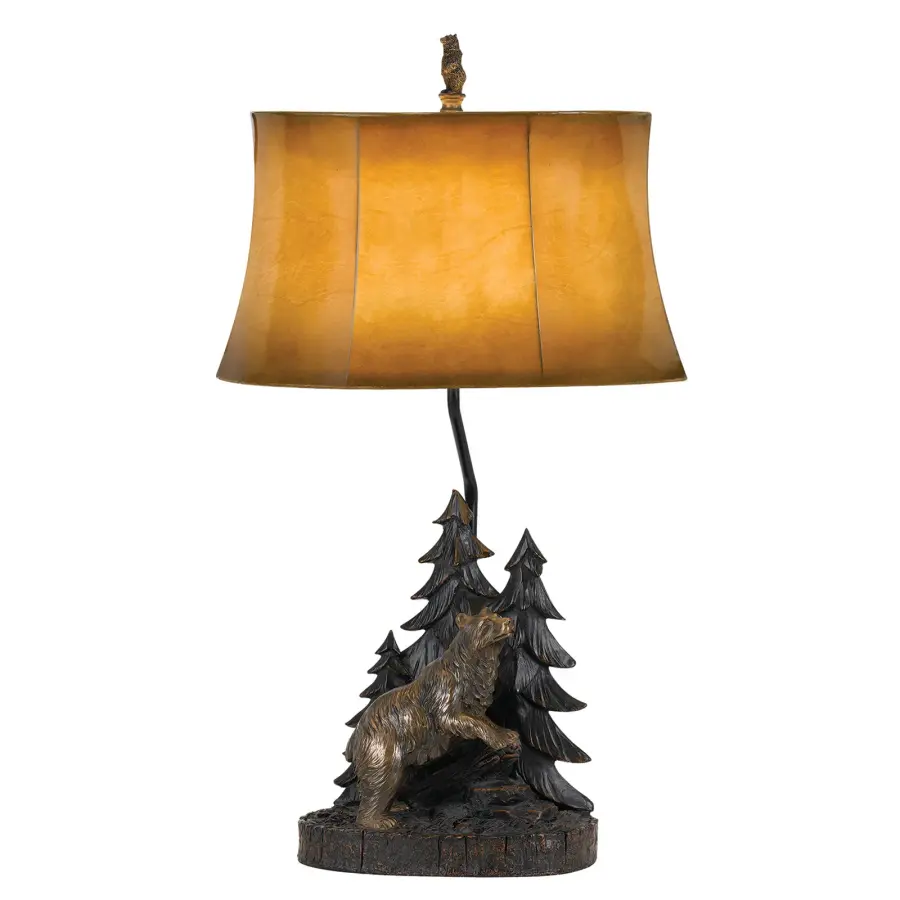 Forest Bear Resin Table Lamp with Leatherette Shade - Image 1