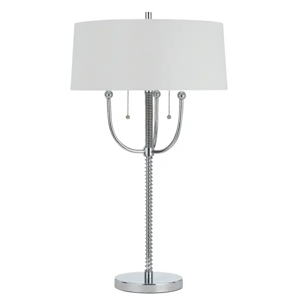 This versatile floor lamp combines durable metal construction with a classic linen shade, featuring a distinctive corkscrew design element. Dual 60W bulbs with independent pull chains offer flexible lighting control.
