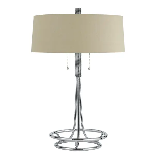 This distinctive table lamp features a decorative corkscrew metal base paired with a natural burlap shade. Dual 60W bulbs with independent pull chains offer flexible lighting control for reading or ambient illumination.