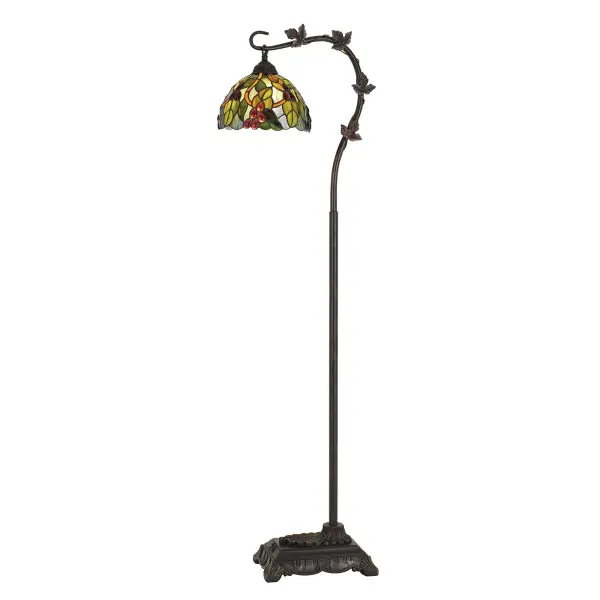 The Cotulla floor lamp features 164 pieces of hand-painted Tiffany glass in a functional downbridge design. At 61 inches tall, it provides focused task lighting with artisanal charm in a durable bronze metal construction.