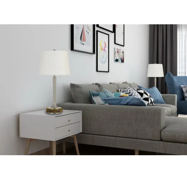 The Chester combines brushed steel and warm wood accents in a 28.5" transitional design. Features 3-way switching for adjustable lighting and dual USB ports for device charging, making it ideal for bedside or office use. - alternate view