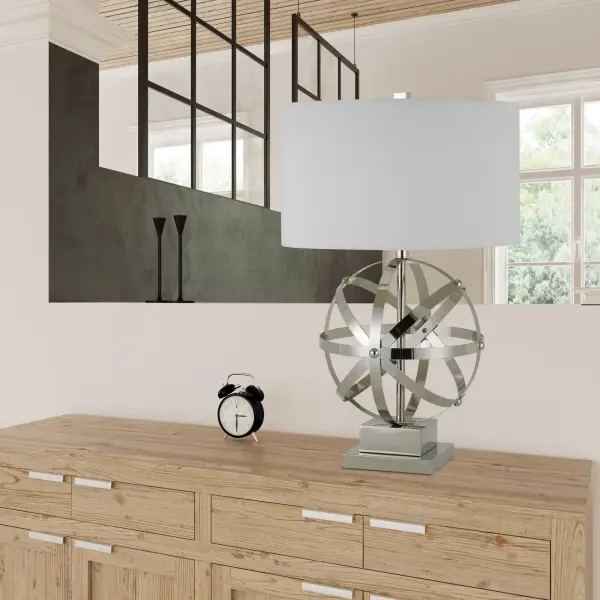 The Vittoria table lamp combines durable metal construction with a brushed steel finish and included hardback shade. Its 3-way switch offers flexible lighting control, making it ideal for reading or ambient lighting. - alternate view