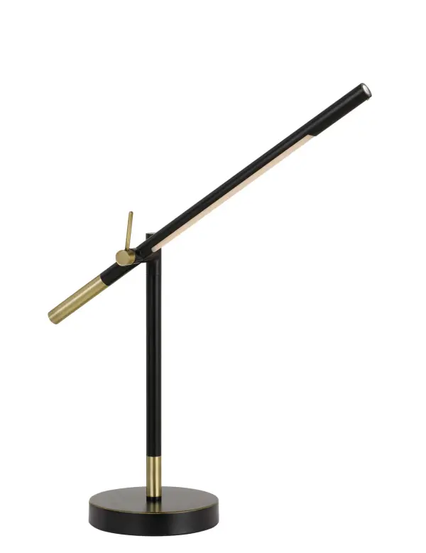 The Virton LED Desk Lamp combines contemporary styling with energy-efficient integrated LED technology. Its black and antique brass finish adds sophisticated contrast to any workspace or bedside table.