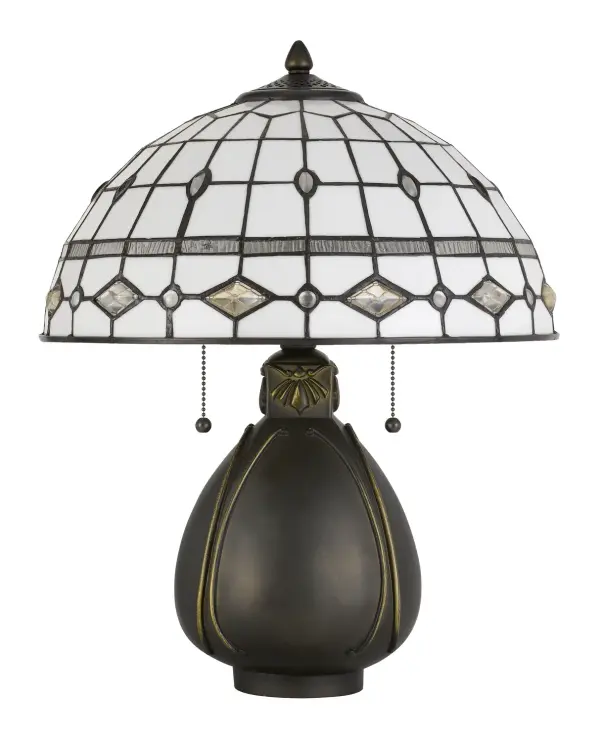 This traditional two-light table lamp features authentic Tiffany-style glass and a dark bronze finish. At 20" tall with a 16" base, it provides warm ambient lighting perfect for intimate spaces and reading areas.