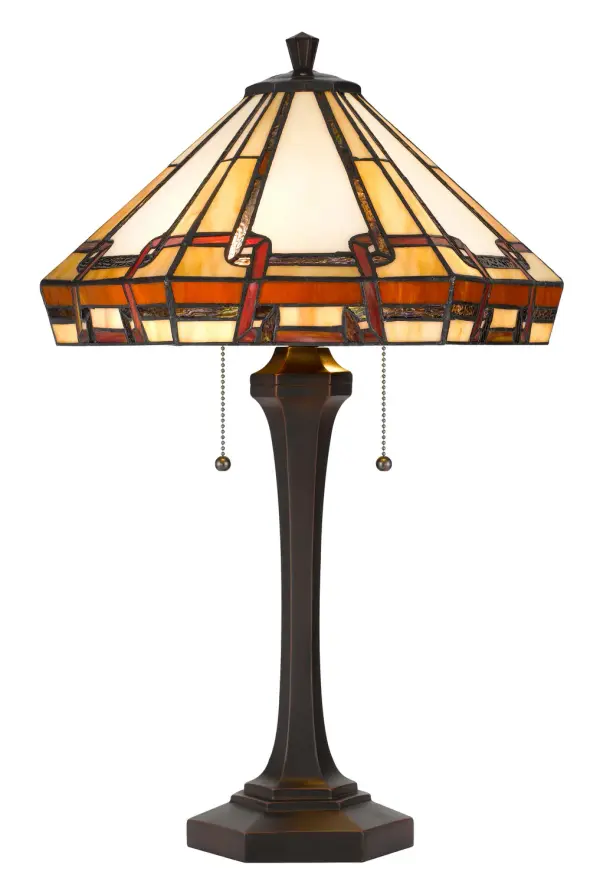 This traditional table lamp features authentic Tiffany-style stained glass craftsmanship with two 60W bulbs for adjustable ambient lighting. The handcrafted glass shade creates beautiful light patterns perfect for living spaces.