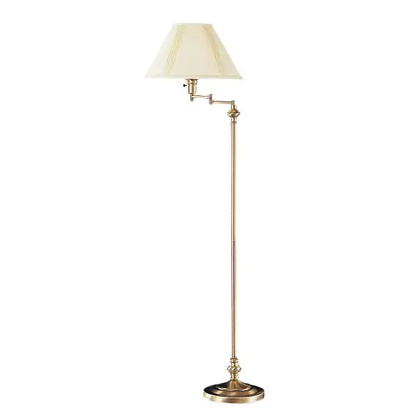 This traditional-style floor lamp combines timeless antique brass finish with practical swing arm functionality. Perfect for reading nooks or beside seating, it offers 3-way lighting control and includes a matching fabric shade.