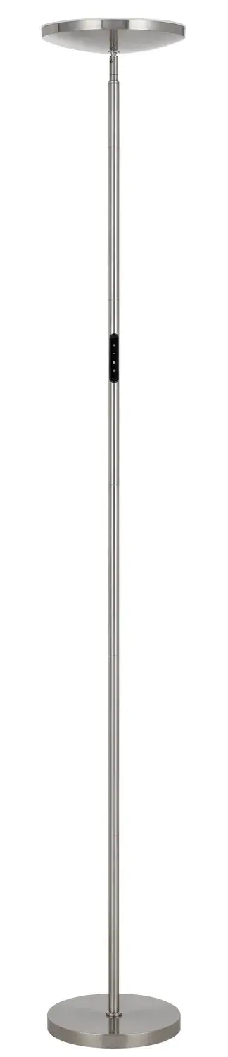 The Christi LED Torchiere combines contemporary styling with integrated LED technology in a sleek brushed steel finish. Standing 70 inches tall, it provides ambient uplight perfect for modern living spaces.