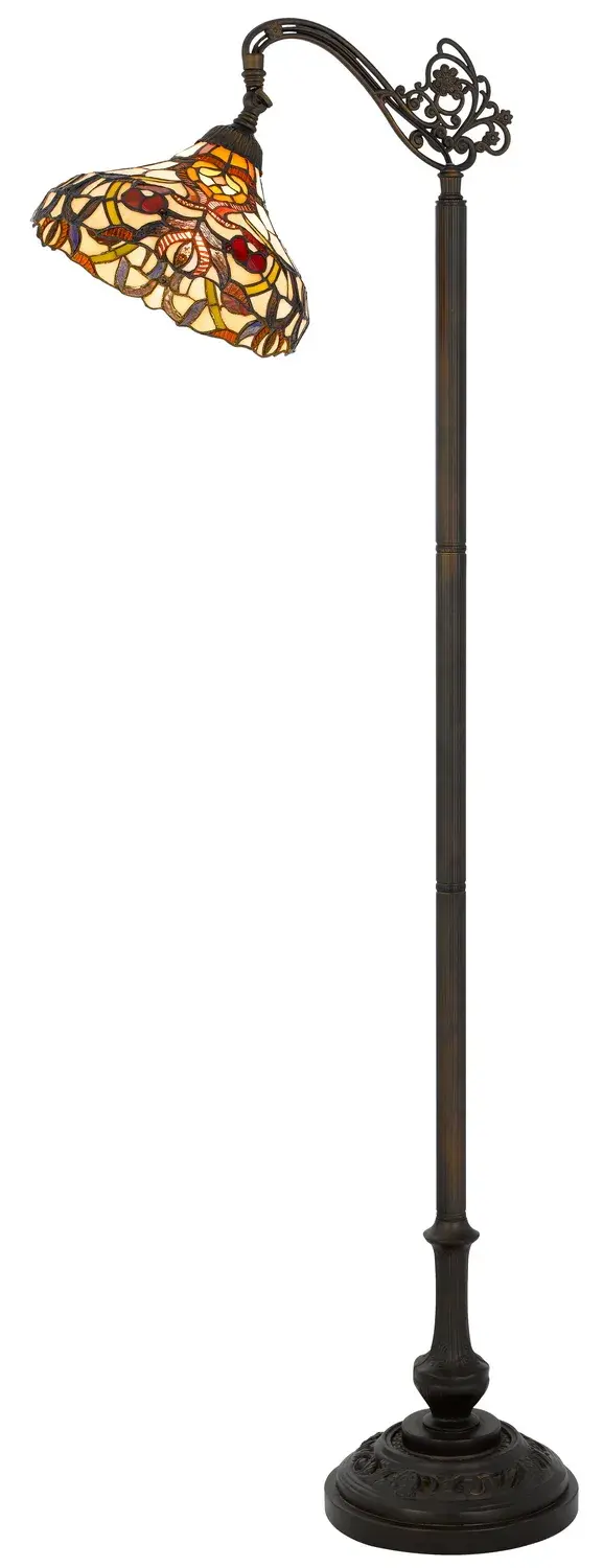 The Bellscroft floor lamp combines traditional Tiffany glass artistry with a modern matte black finish. At over 5 feet tall, it provides ambient uplight perfect for reading corners or accent lighting in living spaces.