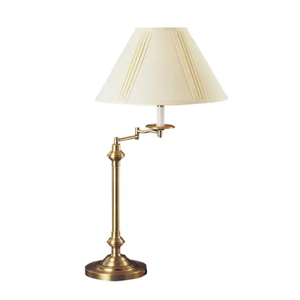 This traditional swing arm table lamp combines timeless antique brass styling with practical 3-way lighting control. The fully functional swing arm provides directional task lighting, while durable metal construction ensures longevity.