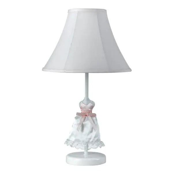 This whimsical 21-inch table lamp features a unique doll skirt design with durable resin construction and hand-painted white finish. Perfect for adding a touch of vintage charm to bedrooms and traditional spaces.