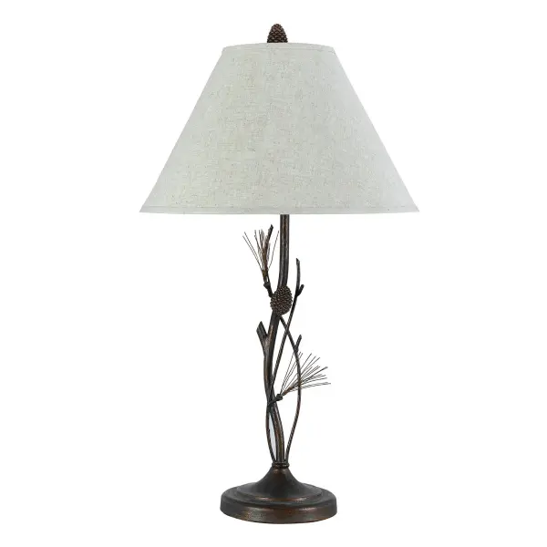 This 32" iron table lamp features an organic pine twig motif with a rust finish, offering three-way lighting control for versatile ambiance. The nature-inspired design pairs rustic charm with functional lighting.