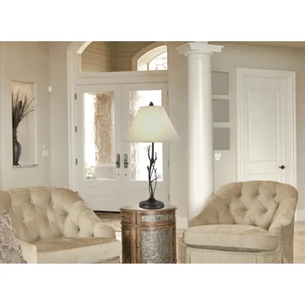 This 32" iron table lamp features an organic pine twig motif with a rust finish, offering three-way lighting control for versatile ambiance. The nature-inspired design pairs rustic charm with functional lighting. - alternate view