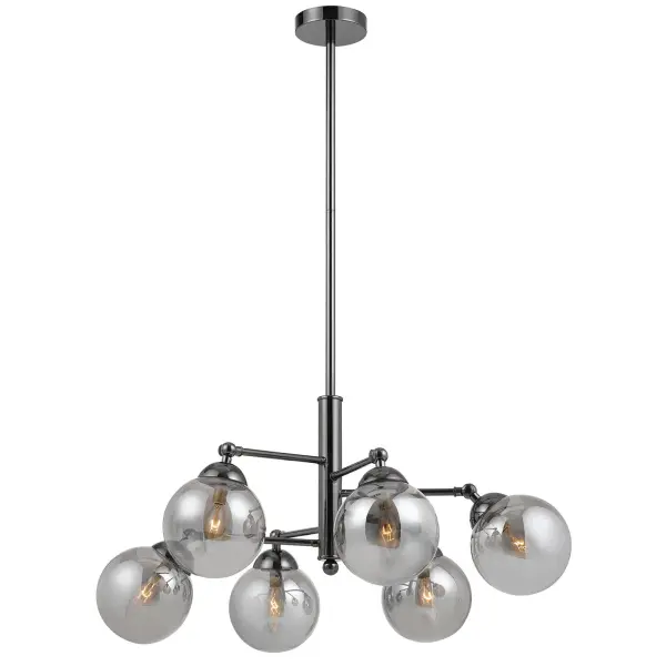 The Prato chandelier combines industrial style with contemporary elegance through six smoked glass orb pendants in a gun metal finish. Its 32-inch width makes it perfect for large dining tables and kitchen islands.