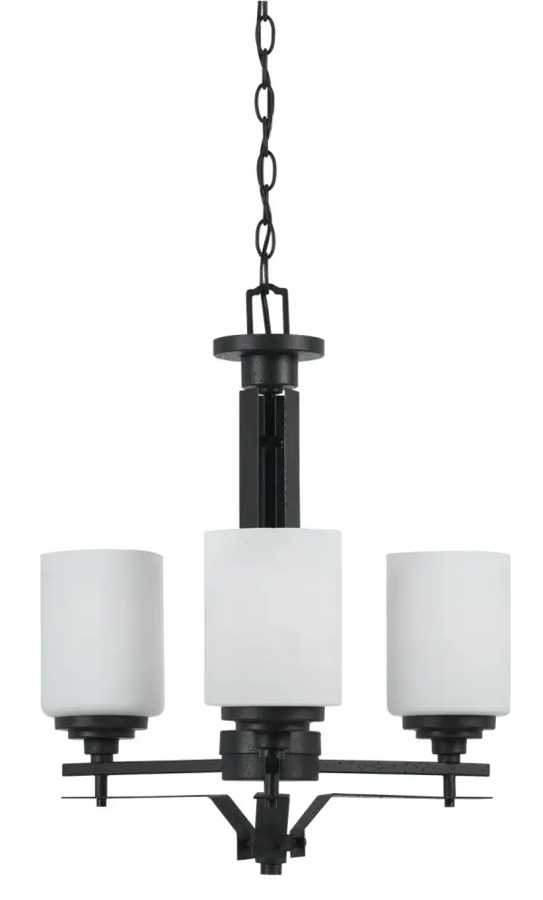 The Judson three-light chandelier brings industrial charm to smaller spaces with its textured black finish and compact 20-inch profile. Perfect for intimate dining areas, kitchen islands, or breakfast nooks.