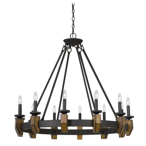 The Cruz 12-light chandelier makes a bold statement with its 39-inch diameter and warm bronze finish. Combining metal framework with wood accents, this substantial fixture brings rustic elegance to large dining rooms and great rooms.