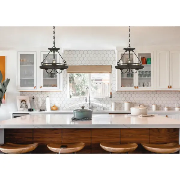 The Helena combines Mediterranean charm with practical versatility. Its textured gray metal cage with Moroccan bronze finish creates ambient lighting perfect for intimate spaces. The 2-in-1 design allows conversion between pendant and semi-flush mounting. - alternate view
