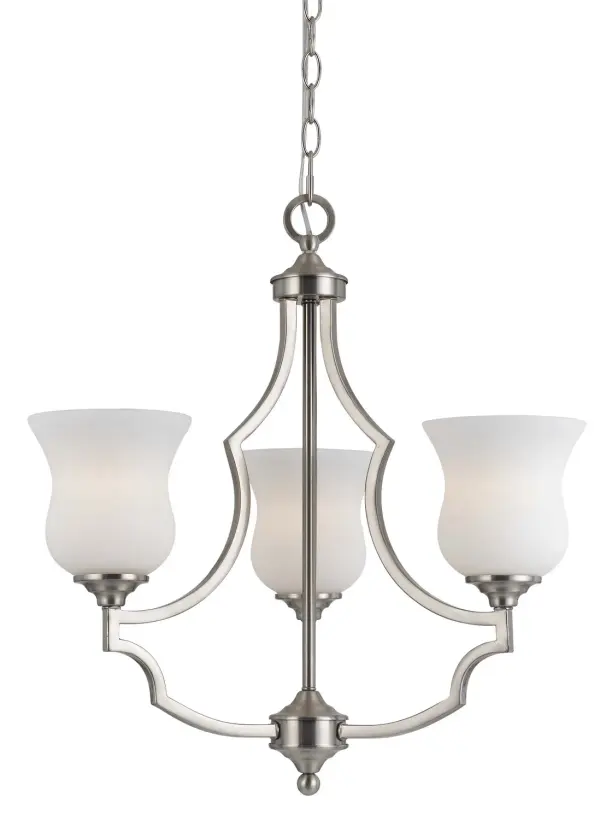 The Barrie three-light chandelier offers a refined contemporary aesthetic with its brushed steel finish. At 22 inches in both height and width, it provides balanced proportions for medium-sized spaces.