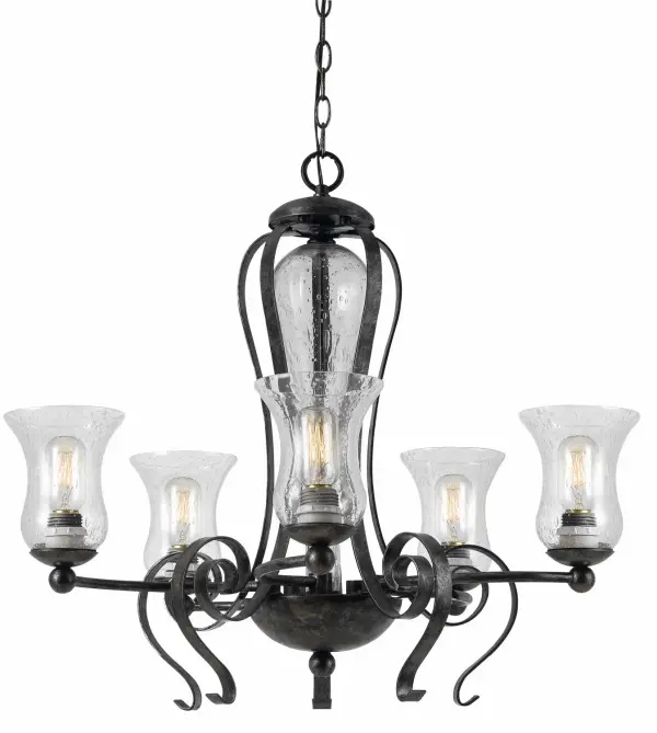 The METAL collection chandelier brings industrial sophistication with its five-light configuration and distinctive Eternity finish. At 27.5 inches wide, it provides substantial presence perfect for dining spaces and kitchen islands.